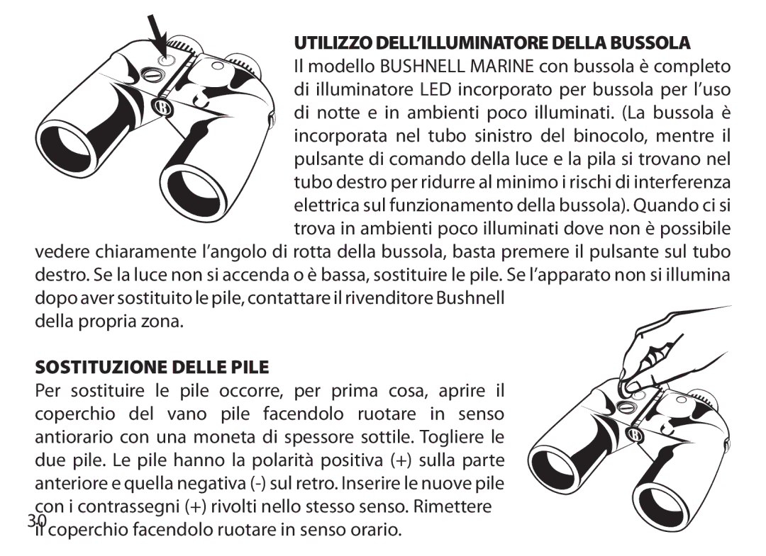 Bushnell 131226, 131225, 131056, 131054, 131250, 175007 Utilizzo DELL’ILLUMINATORE Della Bussola, Sostituzione Delle Pile 