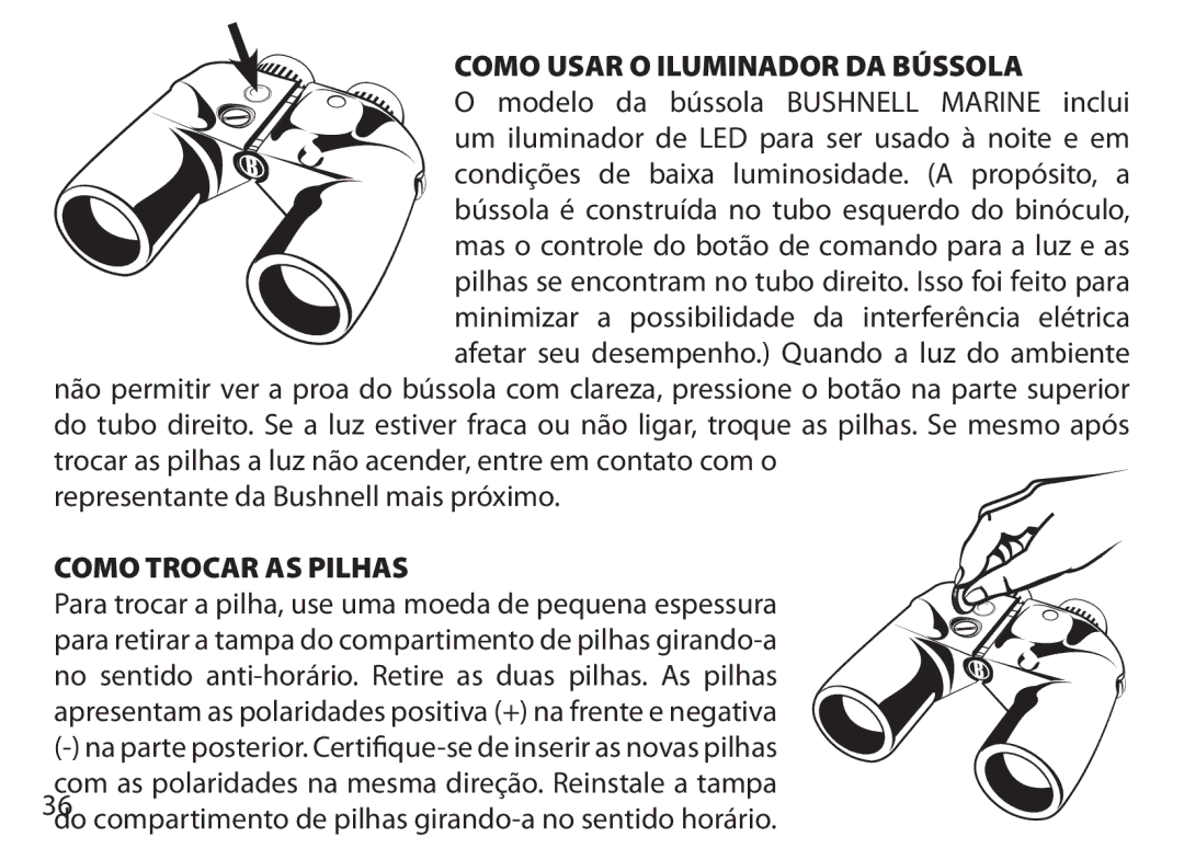 Bushnell 137501, 131225, 131056, 131226, 131054, 131250, 175007, 173507 Como Usar O Iluminador DA Bússola, Como Trocar AS Pilhas 