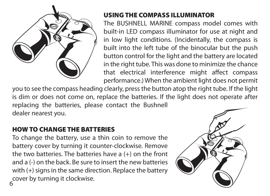 Bushnell 173507, 131225, 131056, 131226, 131054, 131250, 175007 Using the Compass Illuminator, HOW to Change the Batteries 