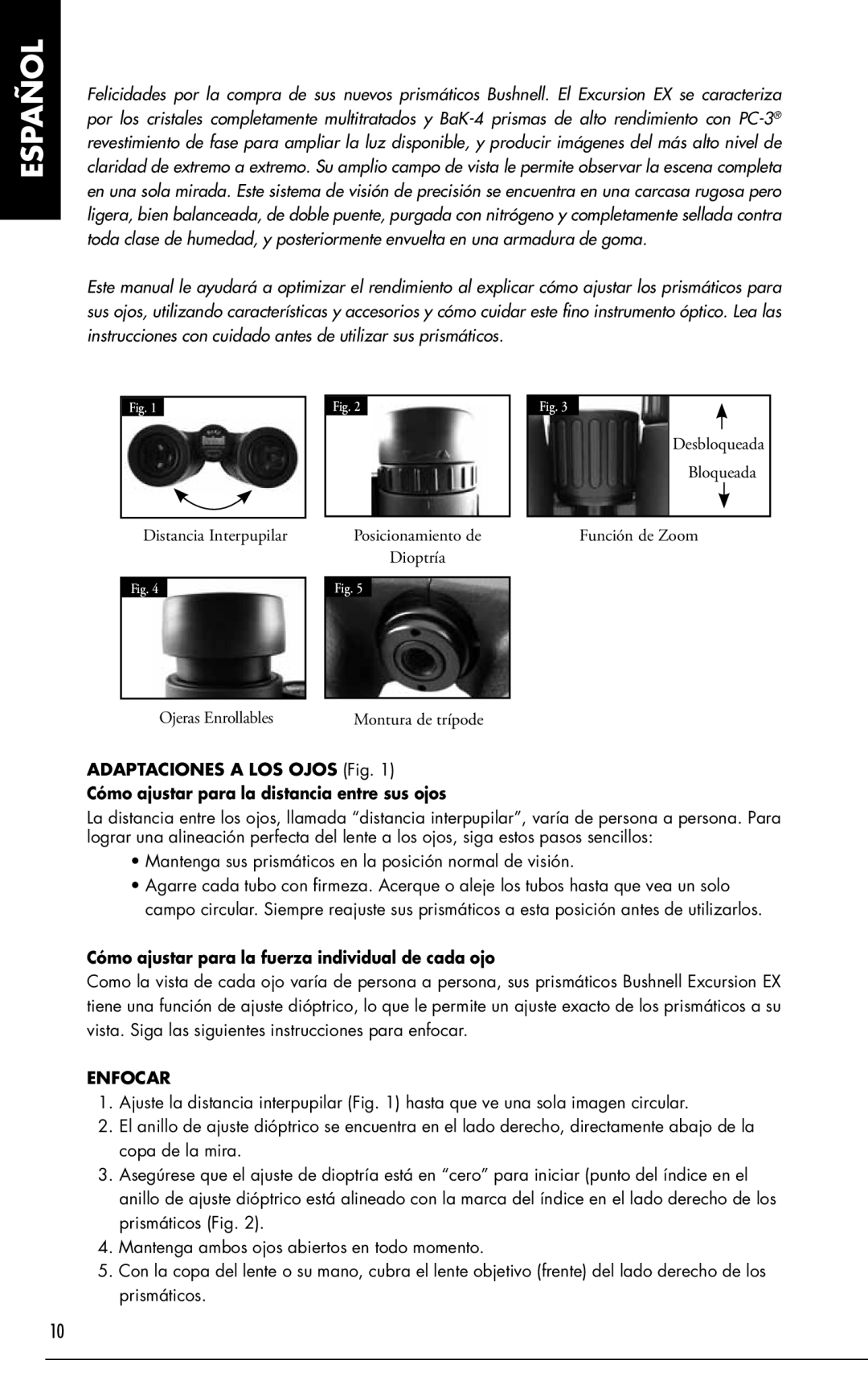 Bushnell 98-1296/05-10, 161001CM, Excursion EX manual Cómo ajustar para la fuerza individual de cada ojo, Enfocar 