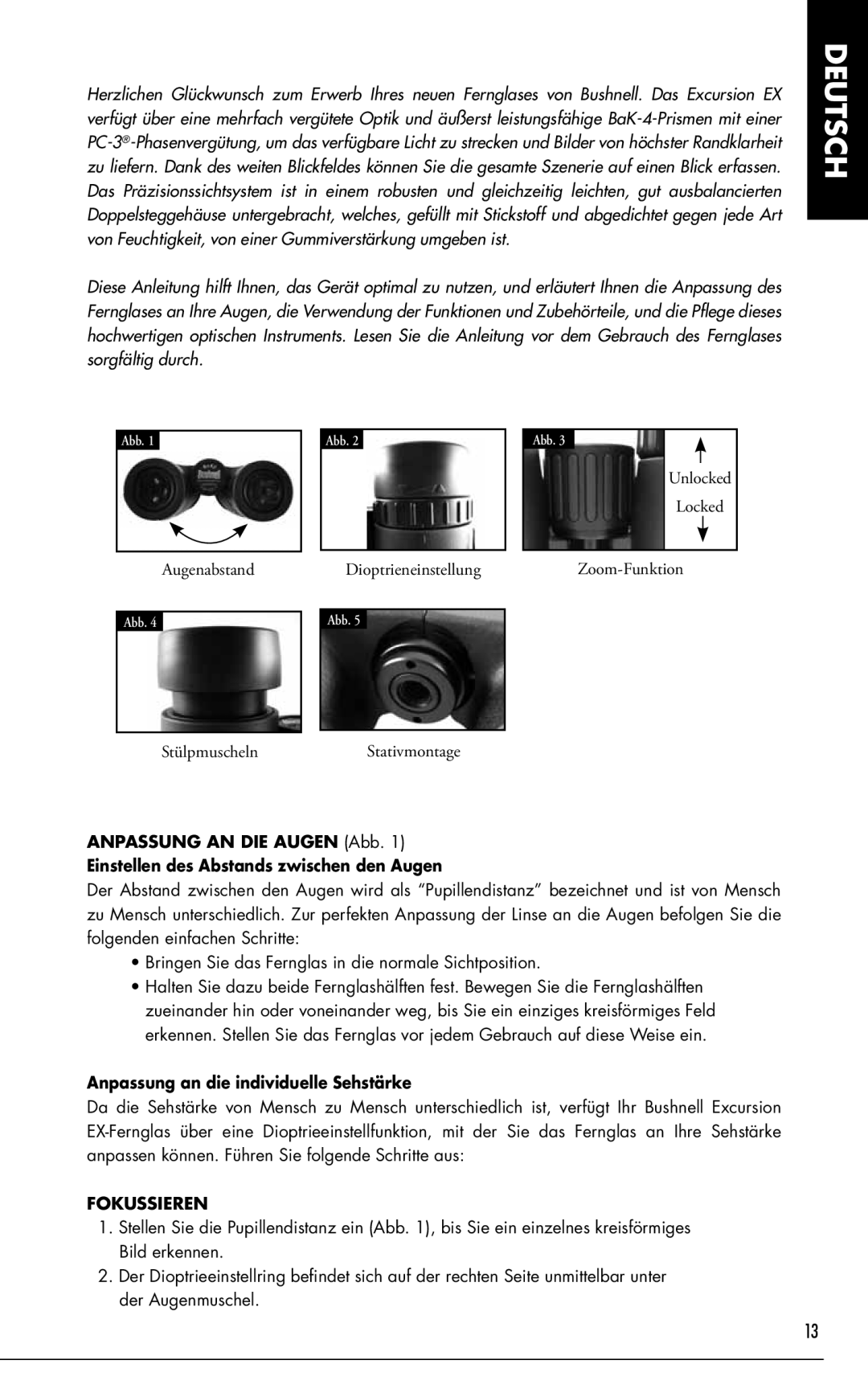 Bushnell 98-1296/05-10, 161001CM, Excursion EX manual Anpassung an die individuelle Sehstärke, Fokussieren 