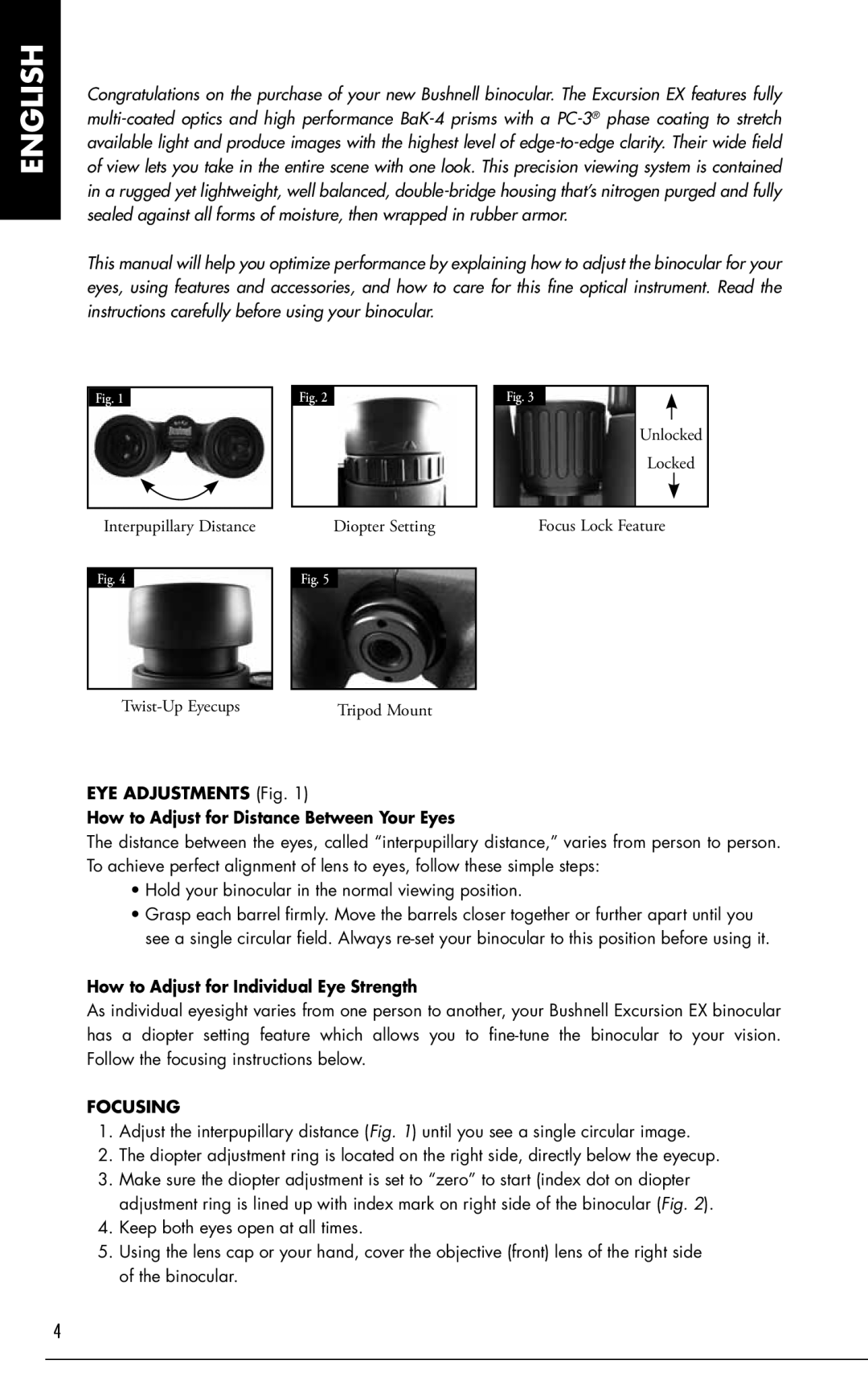 Bushnell 98-1296/05-10, 161001CM, Excursion EX manual How to Adjust for Individual Eye Strength, Focusing 