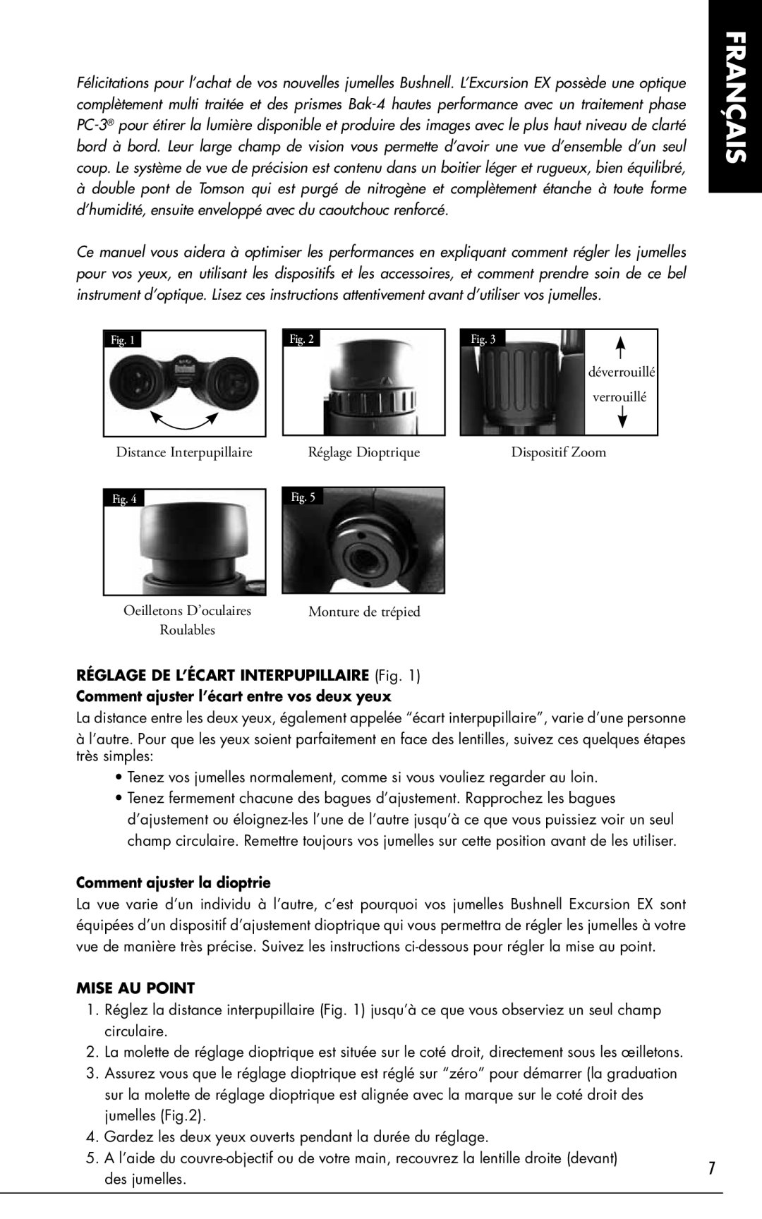 Bushnell 98-1296/05-10, 161001CM, Excursion EX manual Comment ajuster la dioptrie, Mise AU Point 