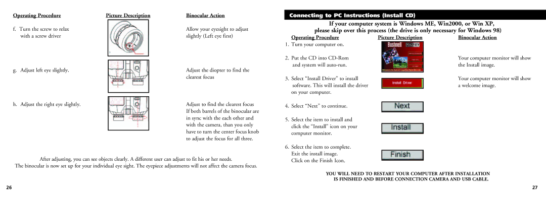 Bushnell 18-0832 instruction manual Connecting to PC Instructions Install CD 