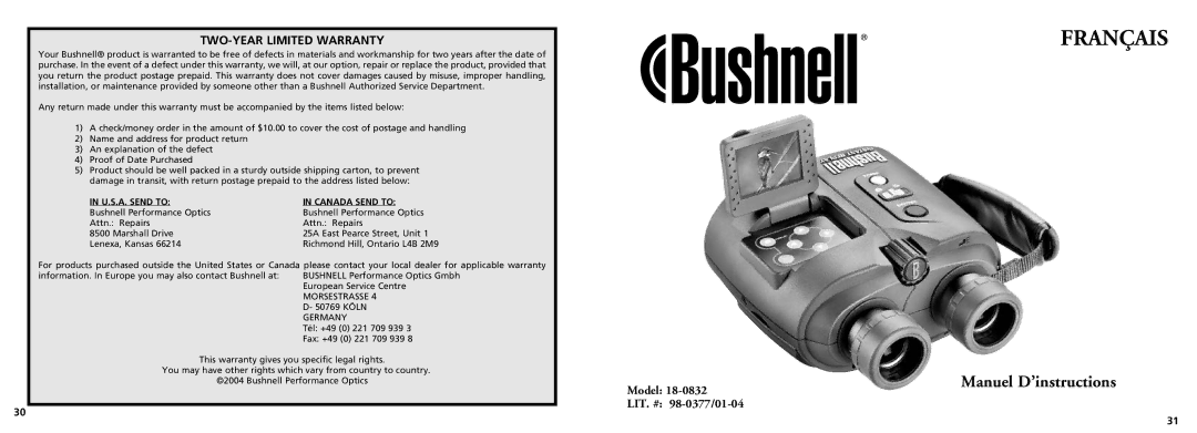 Bushnell 18-0832 instruction manual Français 