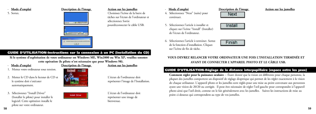 Bushnell 18-0832 instruction manual Cette opération le pilote n’est nécessaire que pour Windows 