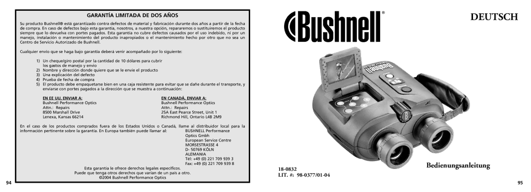 Bushnell 18-0832 instruction manual Bedienungsanleitung 