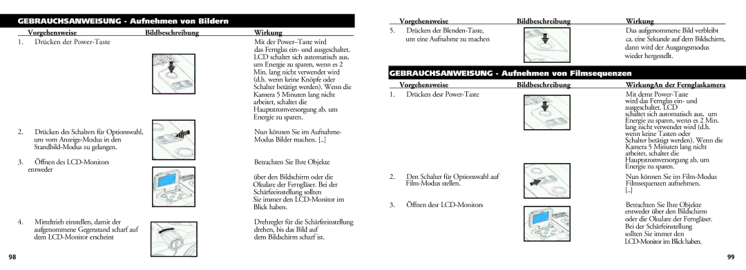 Bushnell 18-0832 instruction manual Gebrauchsanweisung Aufnehmen von Bildern, Vorgehensweise Bildbeschreibung 