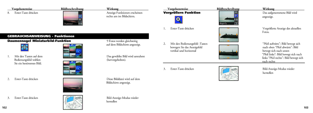 Bushnell 18-0832 instruction manual Gebrauchsanweisung Funktionen, Daumennagel Miniaturbild-Funktion 