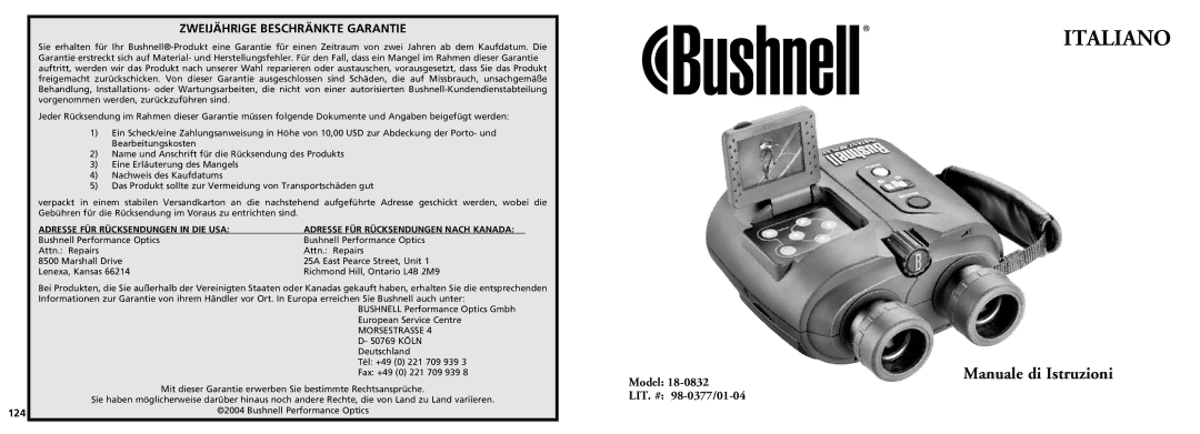 Bushnell 18-0832 instruction manual Model LIT. # 98-0377/01-04, 124 