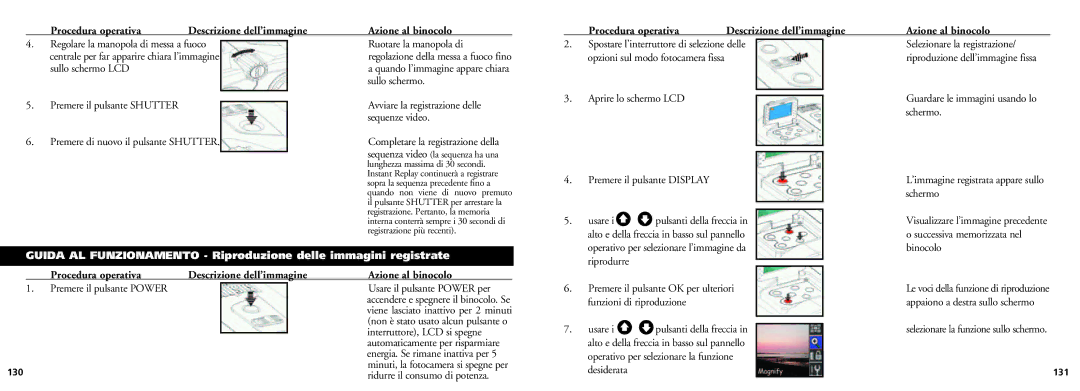 Bushnell 18-0832 Opzioni sul modo fotocamera fissa, Schermo, Premere il pulsante Display, Usare, Binocolo, Riprodurre 