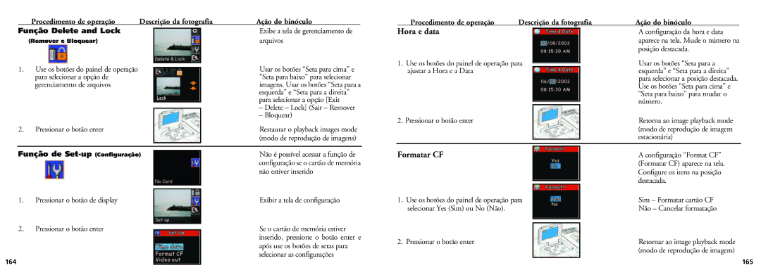 Bushnell 18-0832 instruction manual Hora e data, Formatar CF, Função de Set-up Configuração 