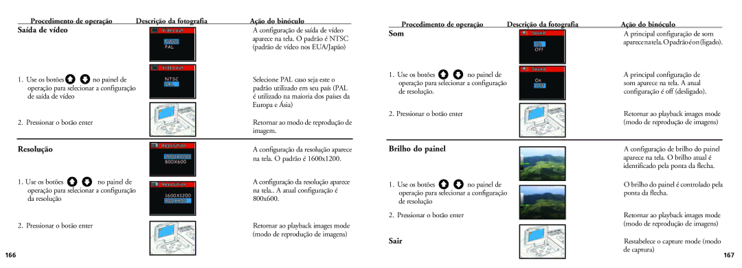 Bushnell 18-0832 instruction manual Saída de vídeo, Som, Resolução, Brilho do painel, Sair 