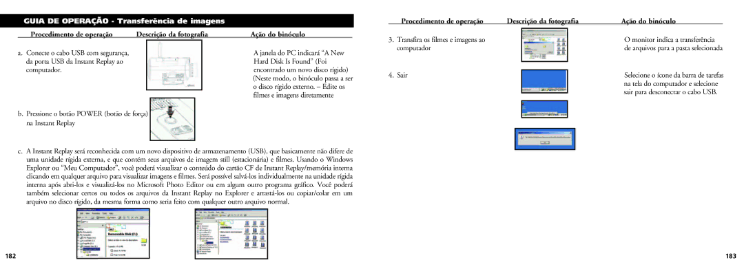 Bushnell 18-0832 instruction manual Guia DE Operação Transferência de imagens, Computador, 182 183 