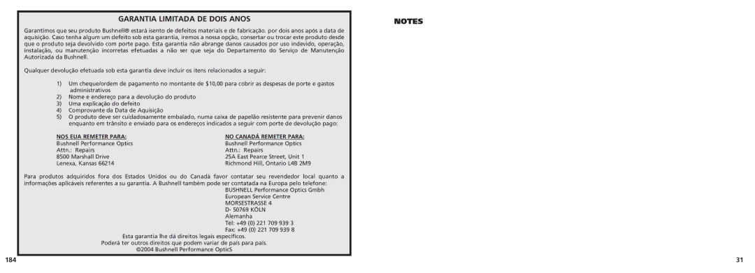 Bushnell 18-0832 instruction manual Garantia Limitada DE Dois Anos, 184 