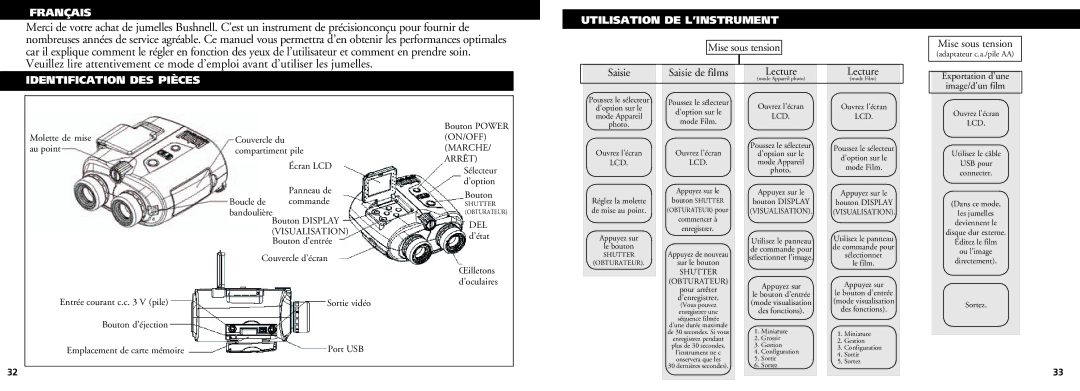 Bushnell 18-0832 instruction manual Mise sous tension Saisie Saisie de films 