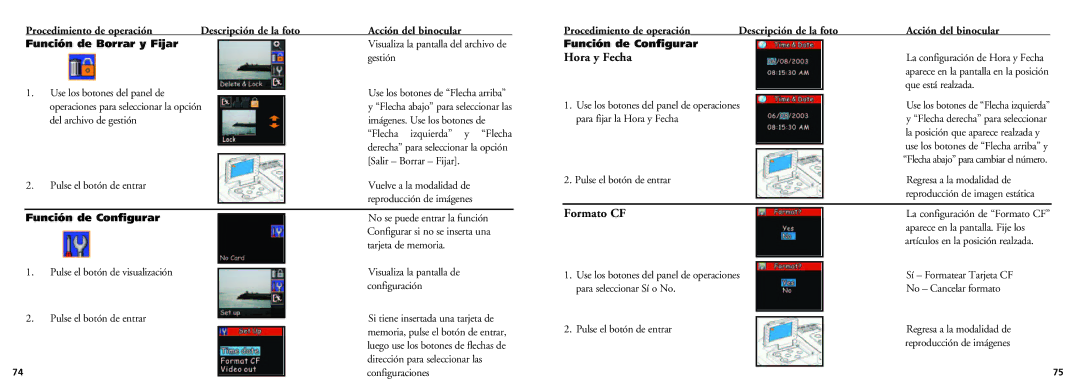 Bushnell 18-0832 instruction manual Hora y Fecha, Formato CF, Gestión, Use los botones del panel de, Que está realzada 