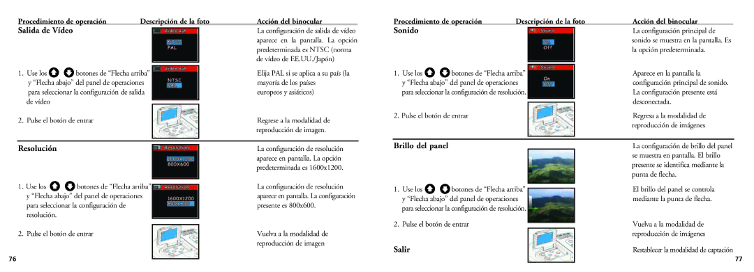 Bushnell 18-0832 instruction manual Salida de Vídeo, Sonido, Resolución, Brillo del panel, Salir 