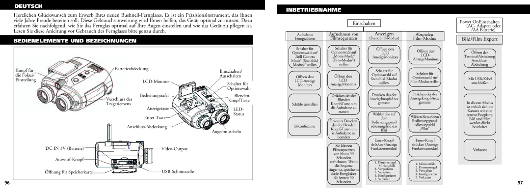 Bushnell 18-0832 instruction manual Einschalten, Bild/Film Export 