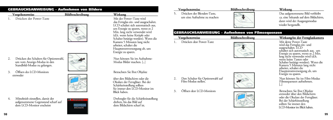 Bushnell 18-0832 instruction manual Gebrauchsanweisung Aufnehmen von Bildern, Vorgehensweise Bildbeschreibung 