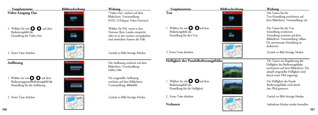 Bushnell 18-0832 instruction manual Video-Ausgang Out, Auflösung, Ton, Helligkeit des PanelsBedienungsfeldes, Verlassen 