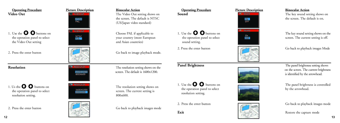 Bushnell 18-0832 instruction manual Video Out, Sound, Resolution, Panel Brightness, Exit 