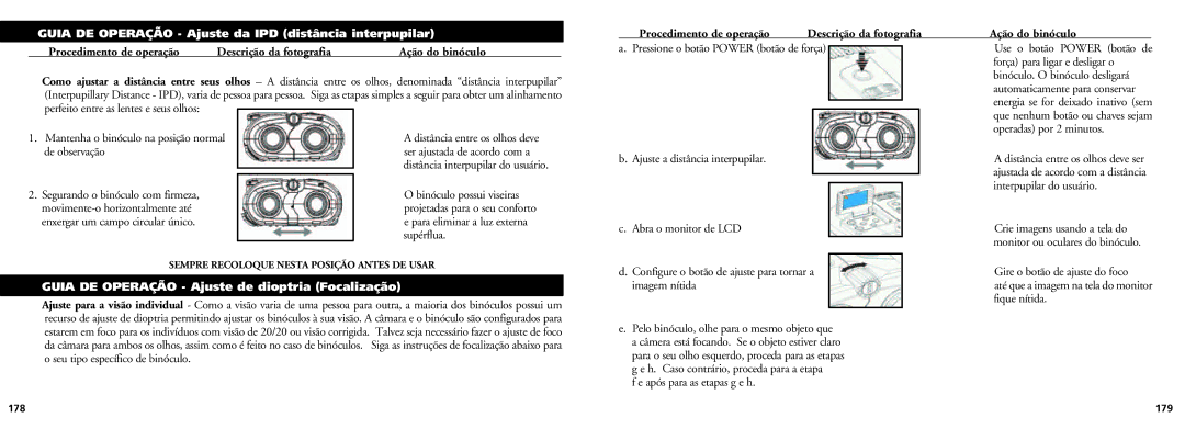 Bushnell 18-0832 Guia DE Operação Ajuste da IPD distância interpupilar, Guia DE Operação Ajuste de dioptria Focalização 