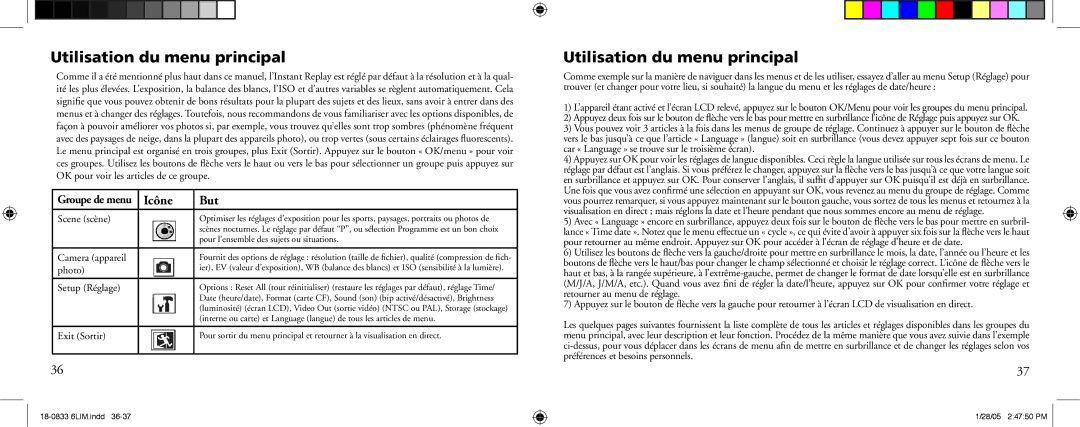 Bushnell 18-0833 instruction manual Utilisation du menu principal, Icône But 