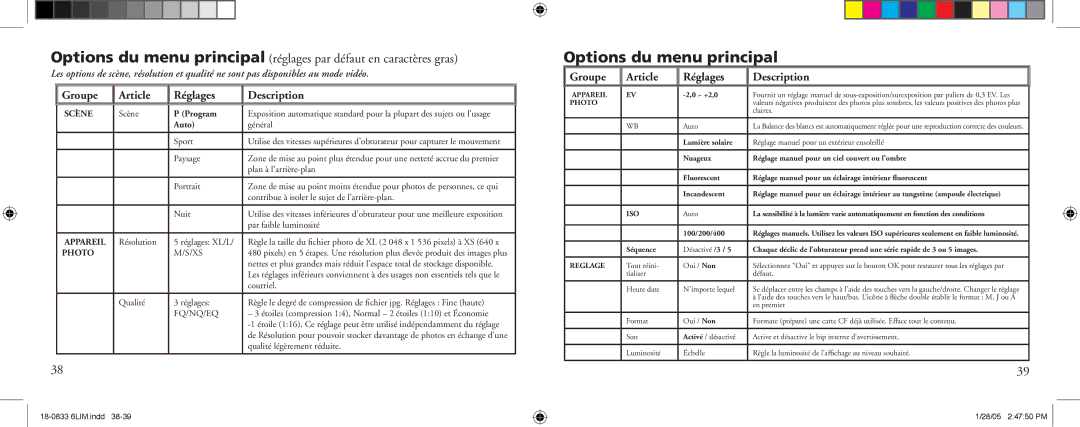 Bushnell 18-0833 instruction manual Options du menu principal, Groupe Article Réglages Description 