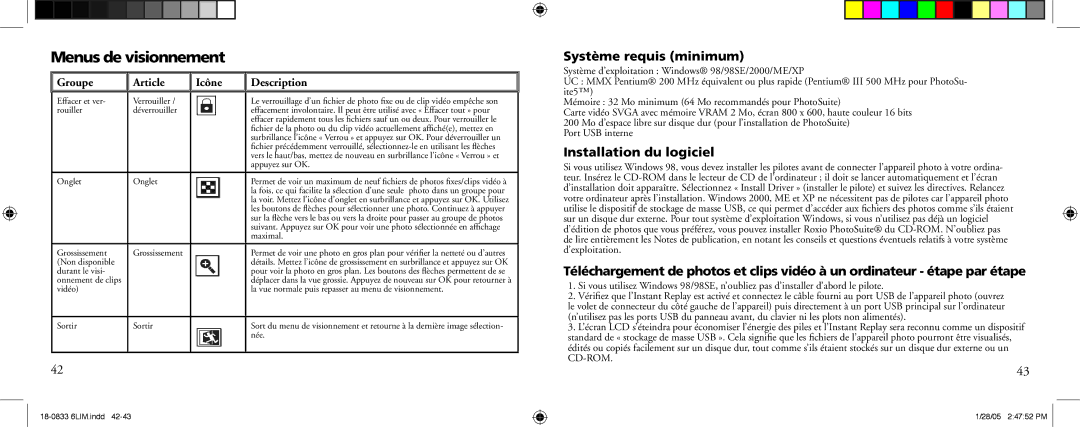 Bushnell 18-0833 Menus de visionnement, Système requis minimum, Installation du logiciel, Port USB interne 