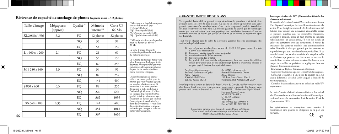 Bushnell 18-0833 instruction manual Mégapixels Qualité Mémoire Carte CF, Interne 