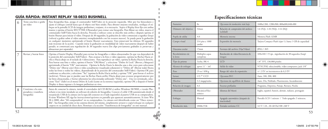 Bushnell 18-0833 instruction manual Especiﬁcaciones técnicas, Almacenan por separado, Revisar y borrar fotos 