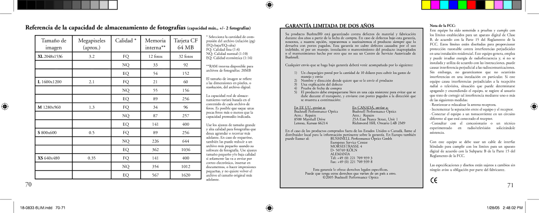 Bushnell 18-0833 instruction manual Tamaño de, Imagen, Calidad Memoria Tarjeta CF, Interna 64 MB, Megapixeles 