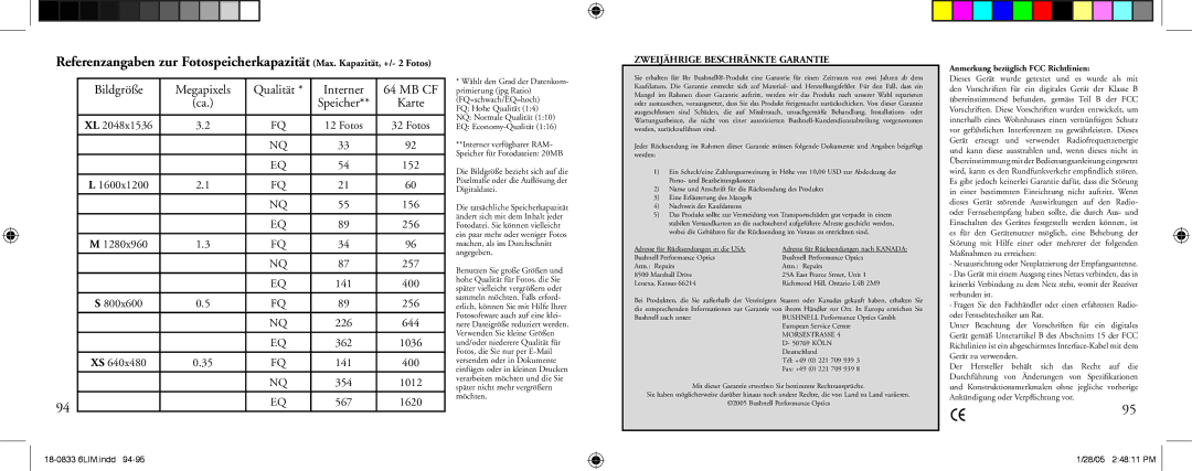 Bushnell 18-0833 instruction manual Bildgröße Megapixels Qualität Interner MB CF, Karte, Speicher, Fotos 