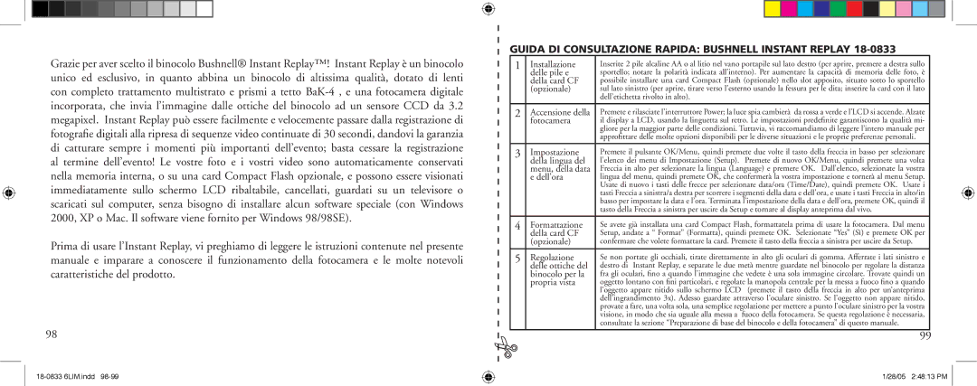 Bushnell 18-0833 instruction manual Della card CF, Opzionale, Dell’ora, Dell’etichetta rivolto in alto 