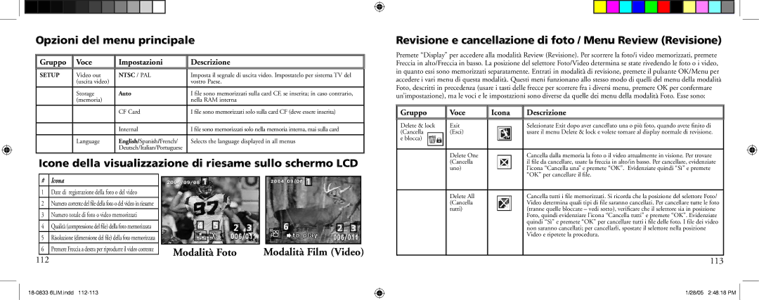 Bushnell 18-0833 Modalità Film Video, 112, Gruppo Voce Impostazioni Descrizione, Gruppo Voce Icona Descrizione, 113 