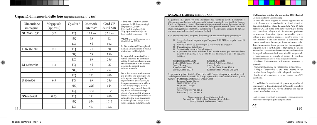 Bushnell 18-0833 instruction manual Capacità di memoria delle foto capacità massima, +/- 2 foto, 118, 119 