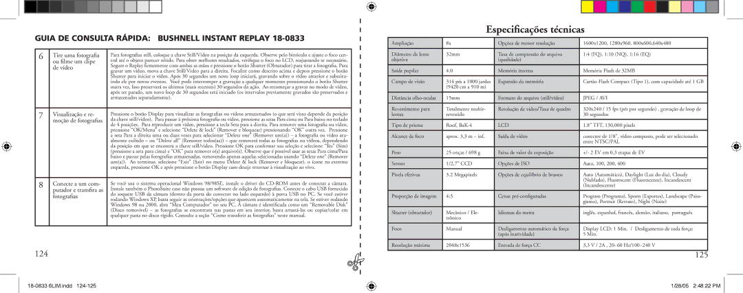 Bushnell 18-0833 instruction manual Especiﬁcações técnicas, 124, 125 