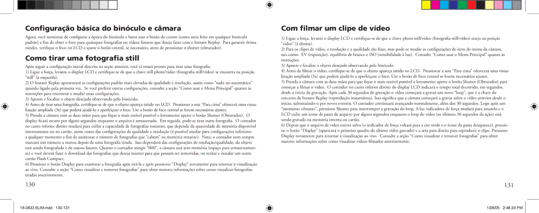 Bushnell 18-0833 instruction manual Como tirar uma fotograﬁa still, Com ﬁlmar um clipe de vídeo, 130, 131 