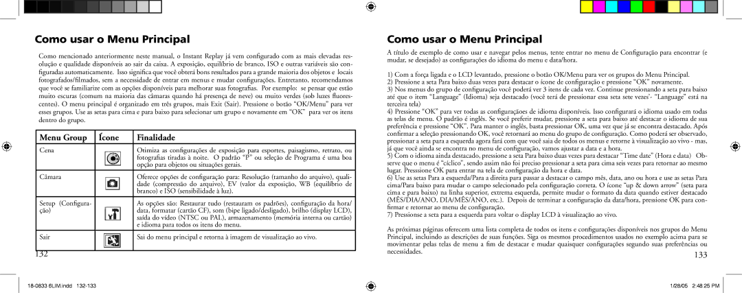 Bushnell 18-0833 instruction manual Como usar o Menu Principal, Menu Group Ícone Finalidade, 132, 133 