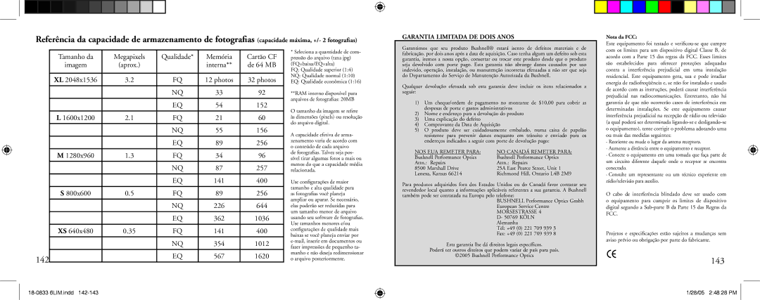 Bushnell 18-0833 instruction manual 142, 143, Tamanho da Megapixels Qualidade Memória, Interna 