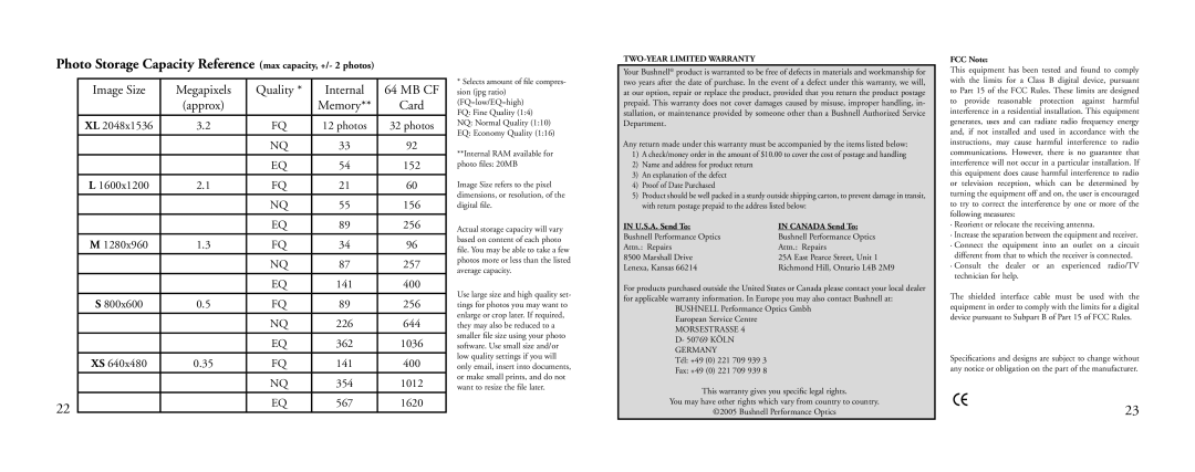 Bushnell 18-0833 Photo Storage Capacity Reference max capacity, +/- 2 photos, Image Size Megapixels Quality Internal MB CF 