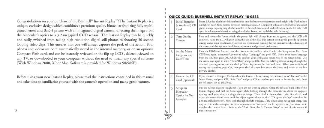 Bushnell 18-0833 Camera, Language, Date/Time, Card optional, Setup, Binocular, Optics for Your, Eyesight 