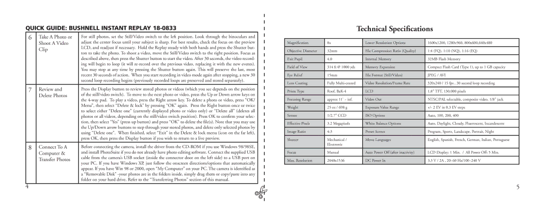 Bushnell 18-0833 instruction manual Technical Speciﬁcations 