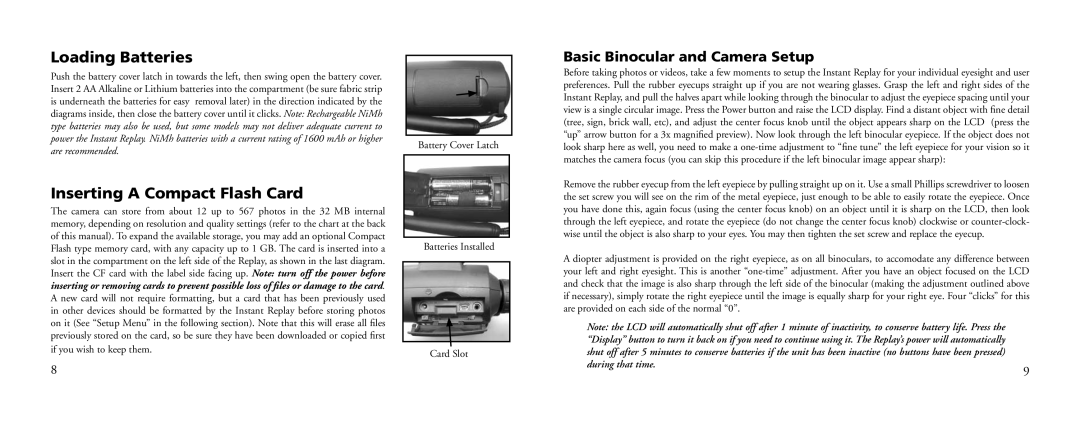 Bushnell 18-0833 Loading Batteries, Inserting a Compact Flash Card, Basic Binocular and Camera Setup, Battery Cover Latch 