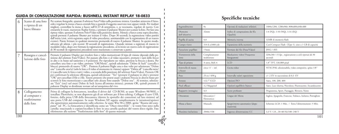 Bushnell 18-0833 instruction manual Speciﬁche tecniche, Breve ﬁlmato, Trasferimento, Delle foto, TFT, 130.000 pixel 