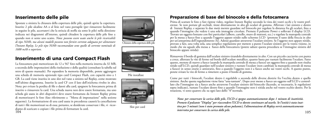 Bushnell 18-0833 Inserimento delle pile, Inserimento di una card Compact Flash, Pile installate Slot per card 