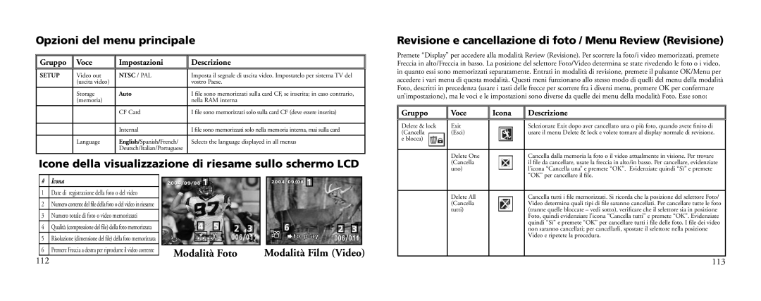 Bushnell 18-0833 Modalità Film Video, Gruppo Voce Impostazioni Descrizione, Gruppo Voce Icona Descrizione, 113 