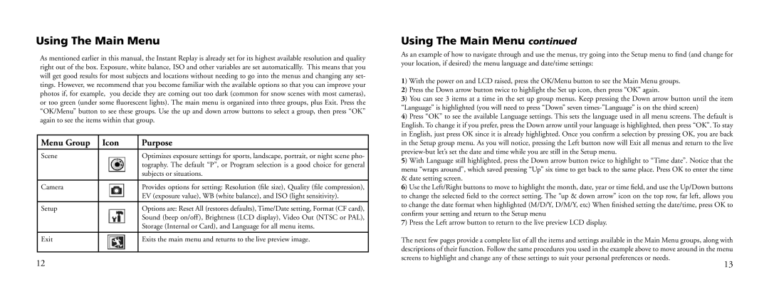 Bushnell 18-0833 instruction manual Using The Main Menu, Menu Group Icon Purpose, Scene, Subjects or situations 