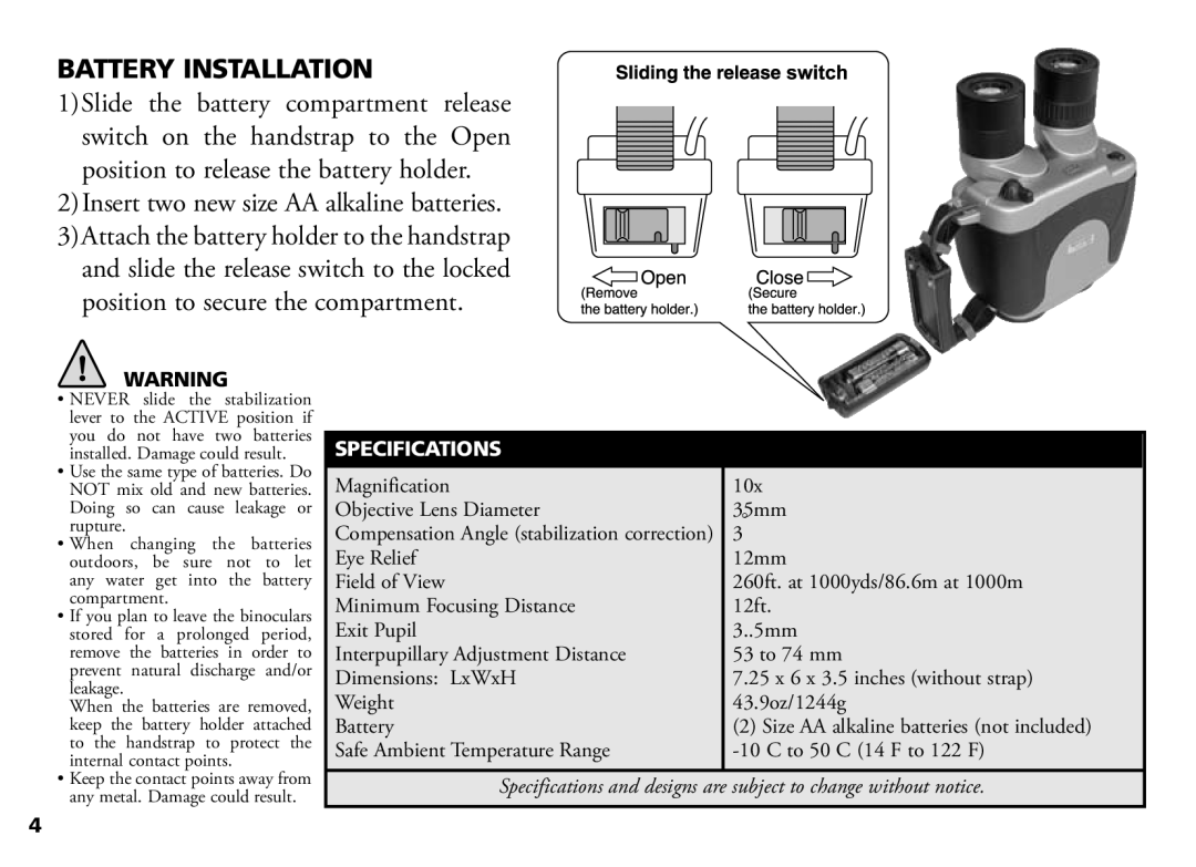 Bushnell 18-1035 manual Battery Installation, Insert two new size AA alkaline batteries, Specifications 